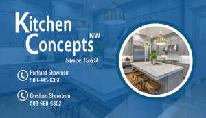 Banner for Kitchen Concepts NW with blue background, showing showroom phone numbers and a circular inset image of a modern kitchen island.