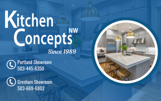 Banner for Kitchen Concepts NW with blue background, showing showroom phone numbers and a circular inset image of a modern kitchen island.