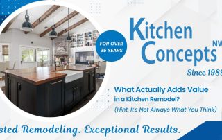 Hero banner for Kitchen Concepts NW showing a circular photo of a modern kitchen island, with blue branding and the slogan 'Trusted Remodeling. Exceptional Results.'